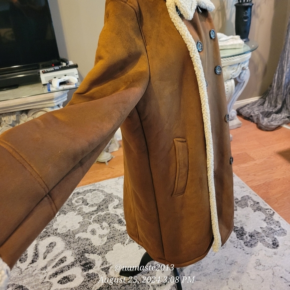 Guess Mens Double-Breasted Faux Shearling Long Coat Faux Suede Faux Fur #678 - Picture 13 of 16